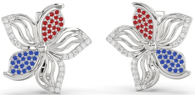 Diamond Blue Sapphire & Ruby Silver Flower Stud Earrings