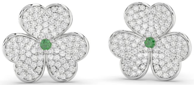 Diamond Emerald Platinum Shamrock Irish Stud Earrings