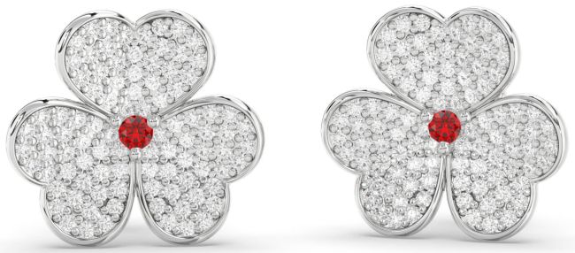 Diamond Ruby Platinum Shamrock Irish Stud Earrings