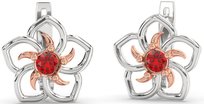 Ruby White Rose Gold Flower Stud Earrings