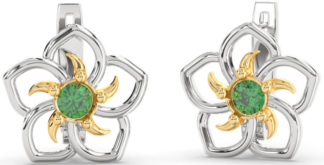 Emerald White Yellow Gold Flower Stud Earrings