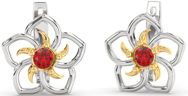 Ruby White Yellow Gold Flower Stud Earrings