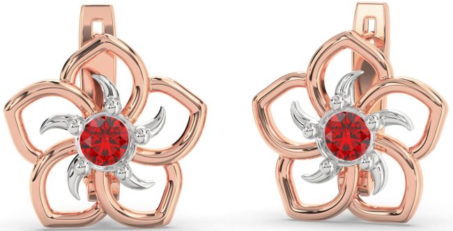 Ruby White Rose Gold Flower Stud Earrings