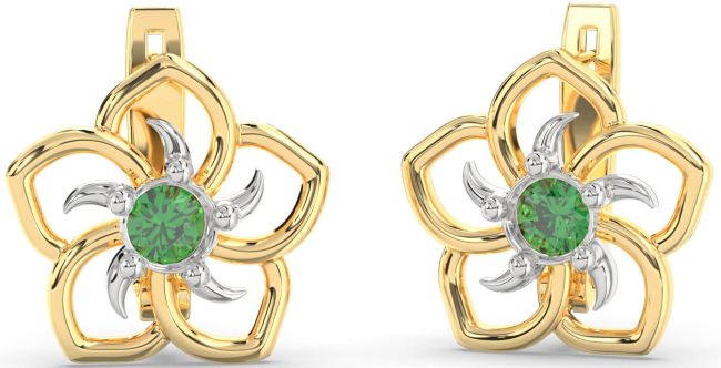 Emerald White Yellow Gold Flower Stud Earrings