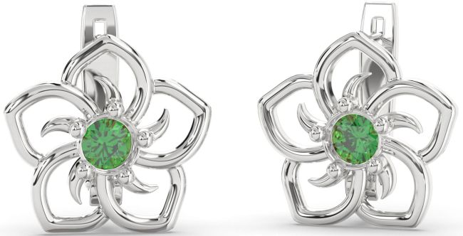 Emerald Platinum Flower Stud Earrings