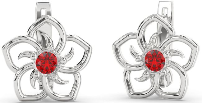 Ruby Silver Flower Stud Earrings