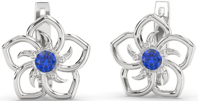 Blue Sapphire Silver Flower Stud Earrings