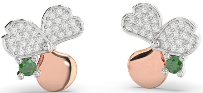 Diamond Emerald Rose Gold Silver Flower Stud Earrings
