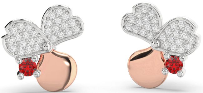 Diamond Ruby Silver & 10K Rose Gold Flower Stud Earrings
