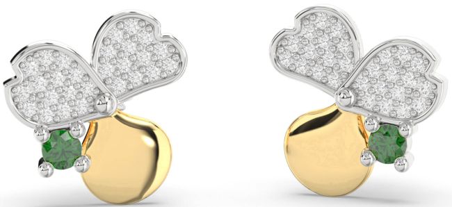 Diamond Emerald White Yellow Gold Flower Stud Earrings