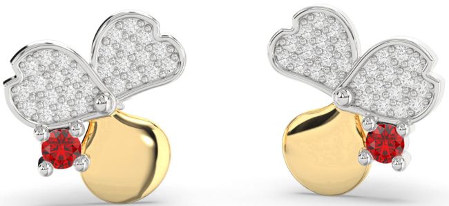 Diamond Ruby Silver & 10K gold Flower Stud Earrings