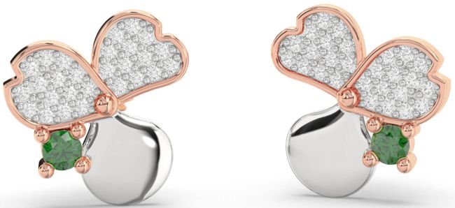 Diamond Emerald Rose Gold Silver Flower Stud Earrings