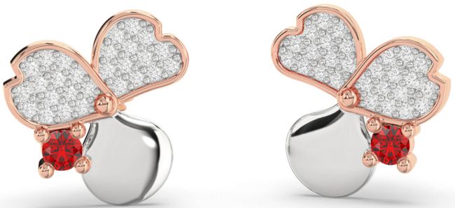 Diamond Ruby Rose Gold Silver Flower Stud Earrings