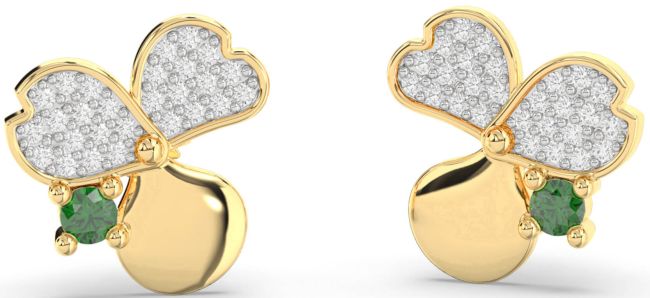 Diamond Emerald Gold Flower Stud Earrings