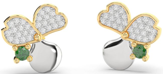 Diamond Emerald Gold Silver Flower Stud Earrings