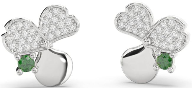 Diamond Emerald Platinum Flower Stud Earrings