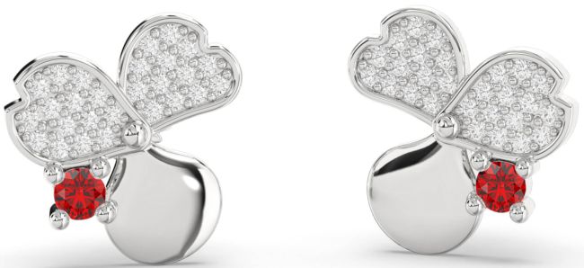 Diamond Ruby Silver Flower Stud Earrings