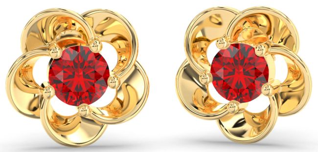 Ruby Gold Flower Stud Earrings