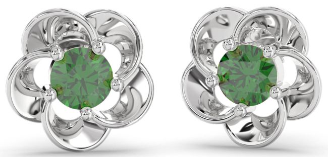 Emerald White Gold Flower Stud Earrings