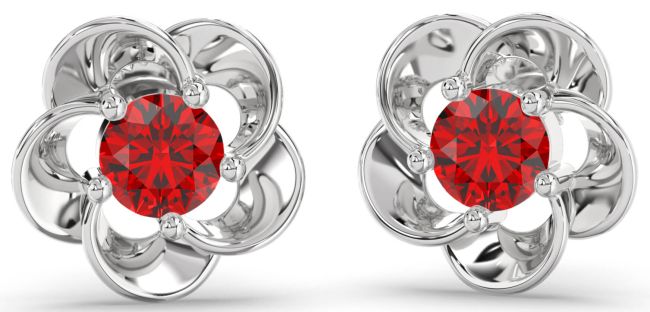 Ruby Silver Flower Stud Earrings