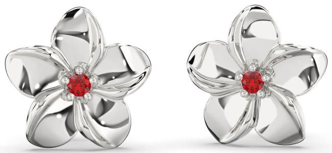 Ruby Silver Flower Stud Earrings