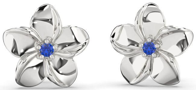 Blue Sapphire Silver Flower Stud Earrings