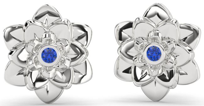 Blue Sapphire Platinum Flower Stud Earrings