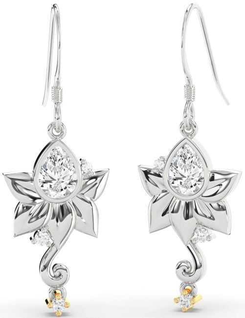 Diamond White Yellow Gold Flower Dangle Earrings