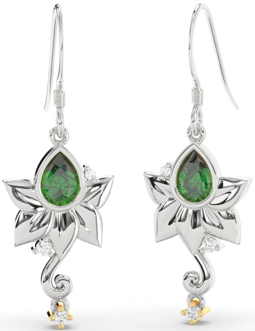 Diamond Emerald White Yellow Gold Flower Dangle Earrings
