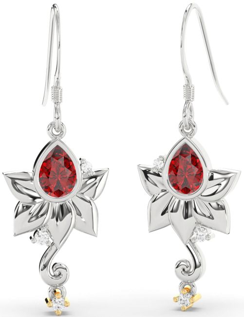 Diamond Ruby Silver & 10K gold Flower Dangle Earrings