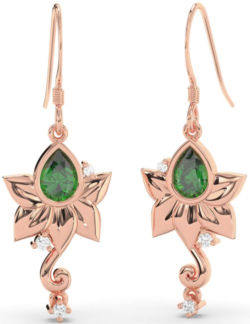 Diamond Emerald Rose Gold Flower Dangle Earrings