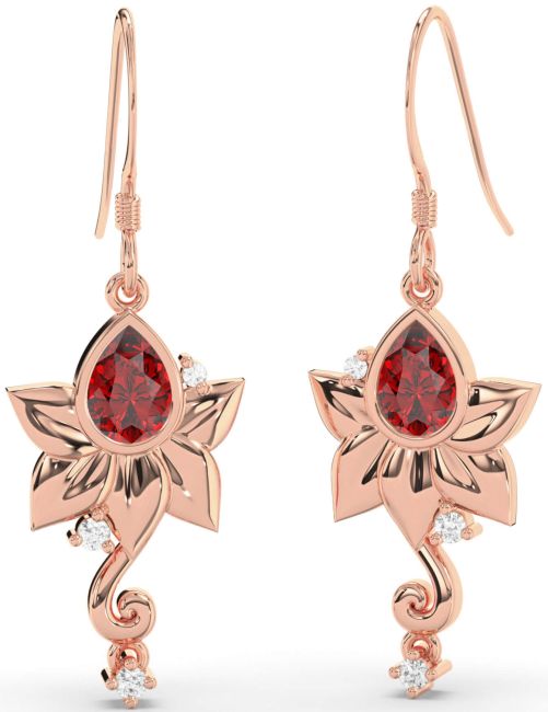 Diamond Ruby Rose Gold Flower Dangle Earrings