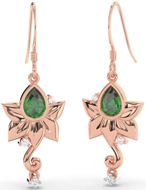 Diamond Emerald Rose Gold Silver Flower Dangle Earrings