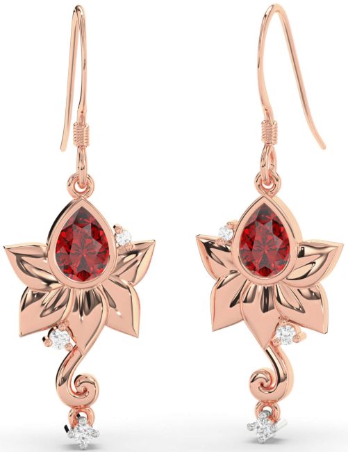 Diamond Ruby White Rose Gold Flower Dangle Earrings