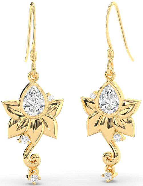 Diamond Gold Flower Dangle Earrings