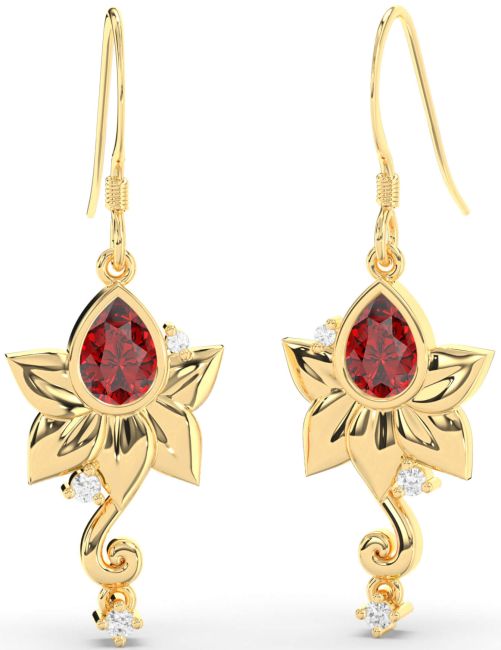 Diamond Ruby Gold Flower Dangle Earrings