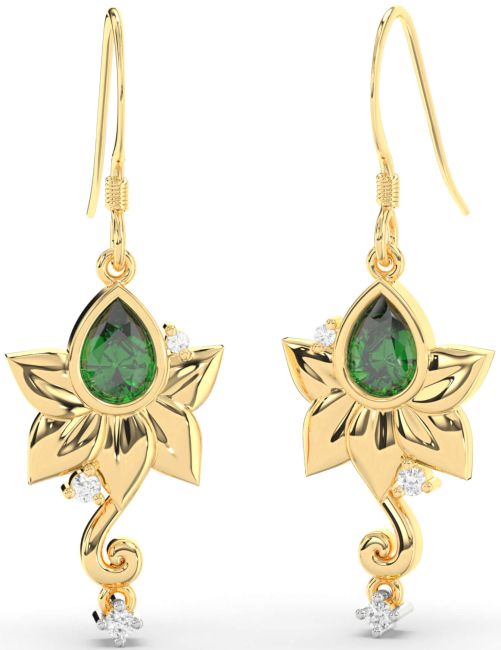Diamond Emerald White Yellow Gold Flower Dangle Earrings