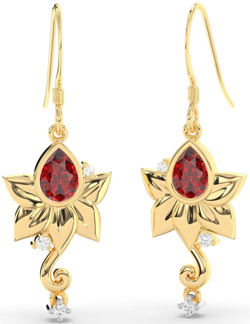 Diamond Ruby White Yellow Gold Flower Dangle Earrings