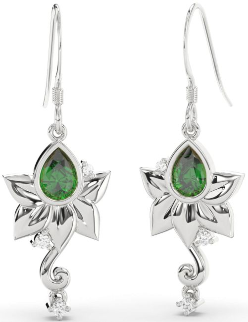 Diamond Emerald Platinum Flower Dangle Earrings