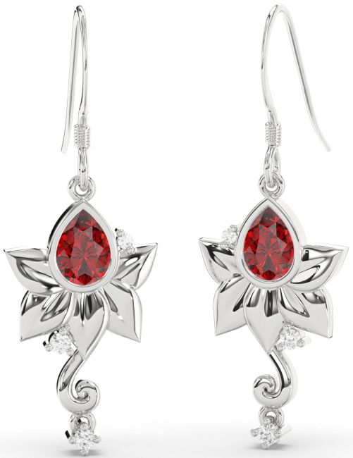 Diamond Ruby Platinum Flower Dangle Earrings
