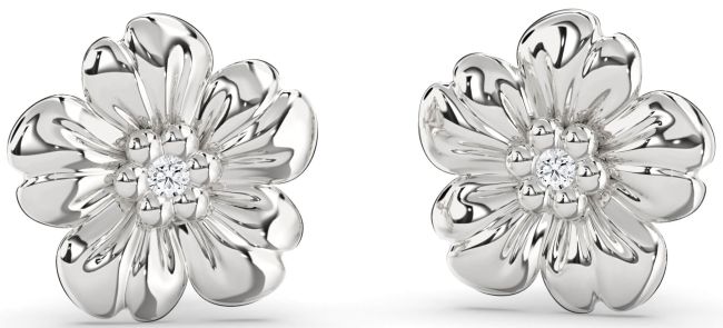 Diamond Silver Flower Stud Earrings