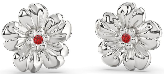 Ruby Silver Flower Stud Earrings