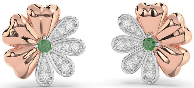 Diamond Emerald Rose Gold Silver Flower Stud Earrings