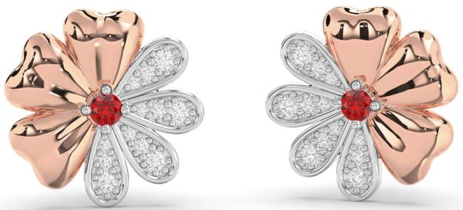 Diamond Ruby Silver & 10K Rose Gold Flower Stud Earrings