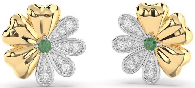 Diamond Emerald Gold Silver Flower Stud Earrings