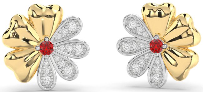 Diamond Ruby Platinum & Yellow Gold Flower Stud Earrings