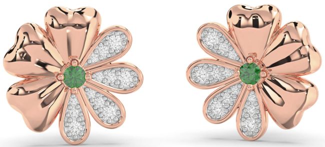 Diamond Emerald Rose Gold Flower Stud Earrings