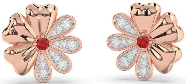 Diamond Ruby Rose Gold Flower Stud Earrings