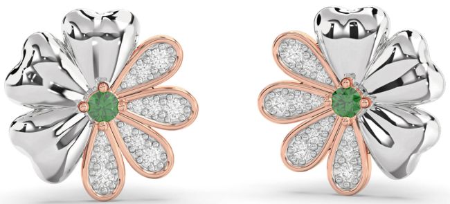 Diamond Emerald Rose Gold Silver Flower Stud Earrings