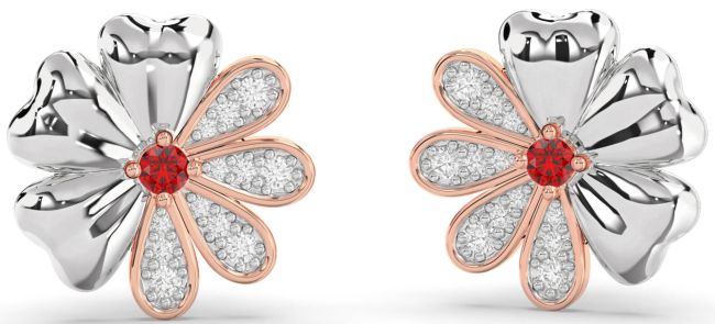 Diamond Ruby Rose Gold Silver Flower Stud Earrings
